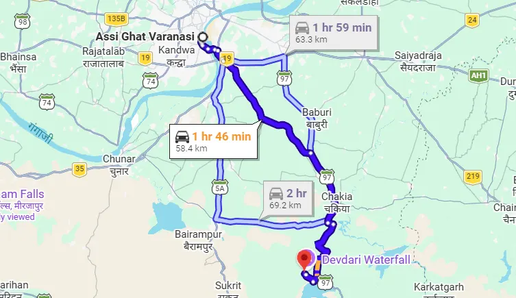 Assi Ghat to Rajdari Waterfall Route Map